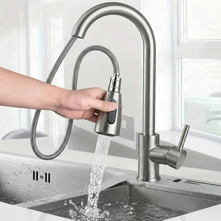 Baterie Chiuveta Pentru Bucatarie Cu Dus Extractabil GLIMATECH, Compatibila cu orice chiuveta Robinet Cu Pipa Pivotanta Flexibila la 360 grade, Dubla Comanda, Din Otel Inoxidabil, Accesorii Incluse, Instalare rapida, Culoare Gri Inox