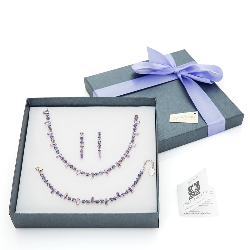 Set Iris , colier, bratara si cercei cu cristale Swarovski Violet & Tanzanite