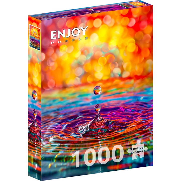 Puzzle 1000 Piese ENJOY – Splash of Life, Picatura Strop in Apa Curcubeu, Fundal Bokeh Gradient – Aspect Mat Anti-Reflexii, Suprafata Catifelata, Piese Rigide cu Forme Unice, Imbinare Stransa, Culori Intense, Inlocuire Piese Lipsa – 48x68 cm
