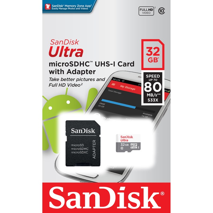 Card de memorie SanDisk Ultra MicroSDHC, 32GB, UHS-I, Class 10, 80MB/s + Adaptor