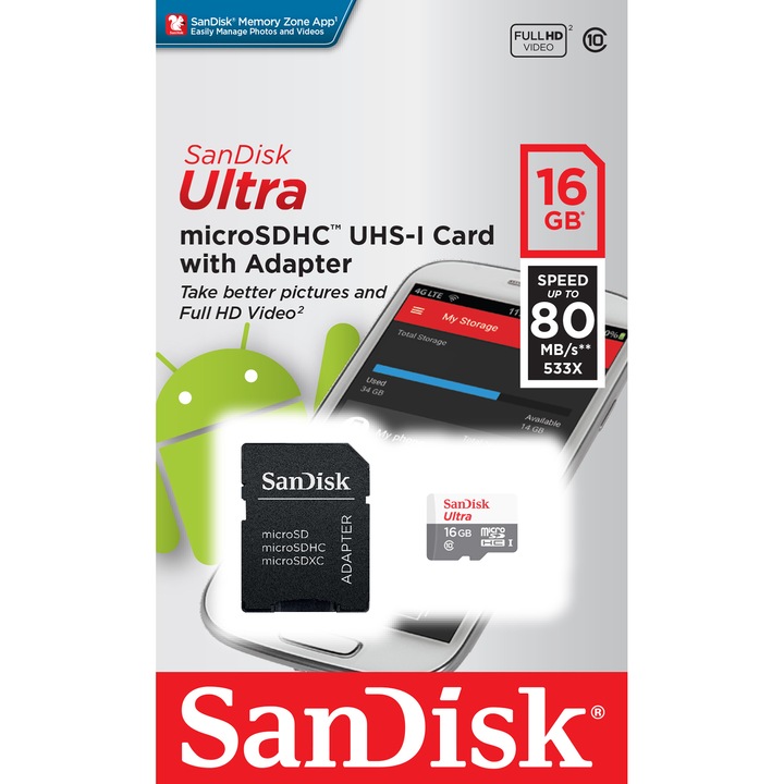 Карта памет SanDisk Ultra MicroSDHC, 16GB, UHS-I, Class 10 + Адаптер