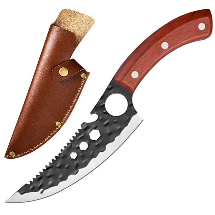 Cutit Universal de Bucatarie, Otel Inoxidabil, Maner Antiaderent, Teaca din Piele Ecologica Inclusa, Lama Ascutita de 13.5 cm, Maro-Negru