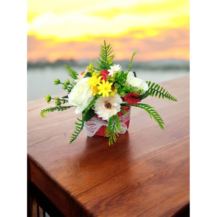 Aranjament flori artificiale in cutie lemn 21cmx12cmx25cm