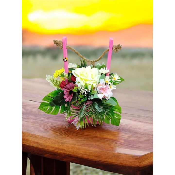 Aranjament flori artificiale in cutie lemn cu maner din sfoara