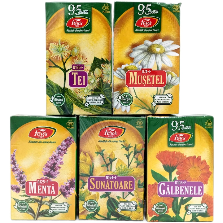 Set 5 Ceaiuri medicinale de baza (musetel, menta, sunatoare, tei, galbenele) 5x20 plicuri, Laboratoarele Fares Orastie