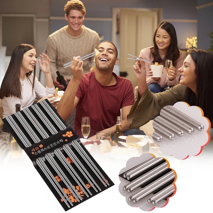 YANYXR BCS3067445 rozsdamentes acél evőpálcika, újrafelhasználható, csúszásmentes, 22 cm, ezüst, 5 pár/szett