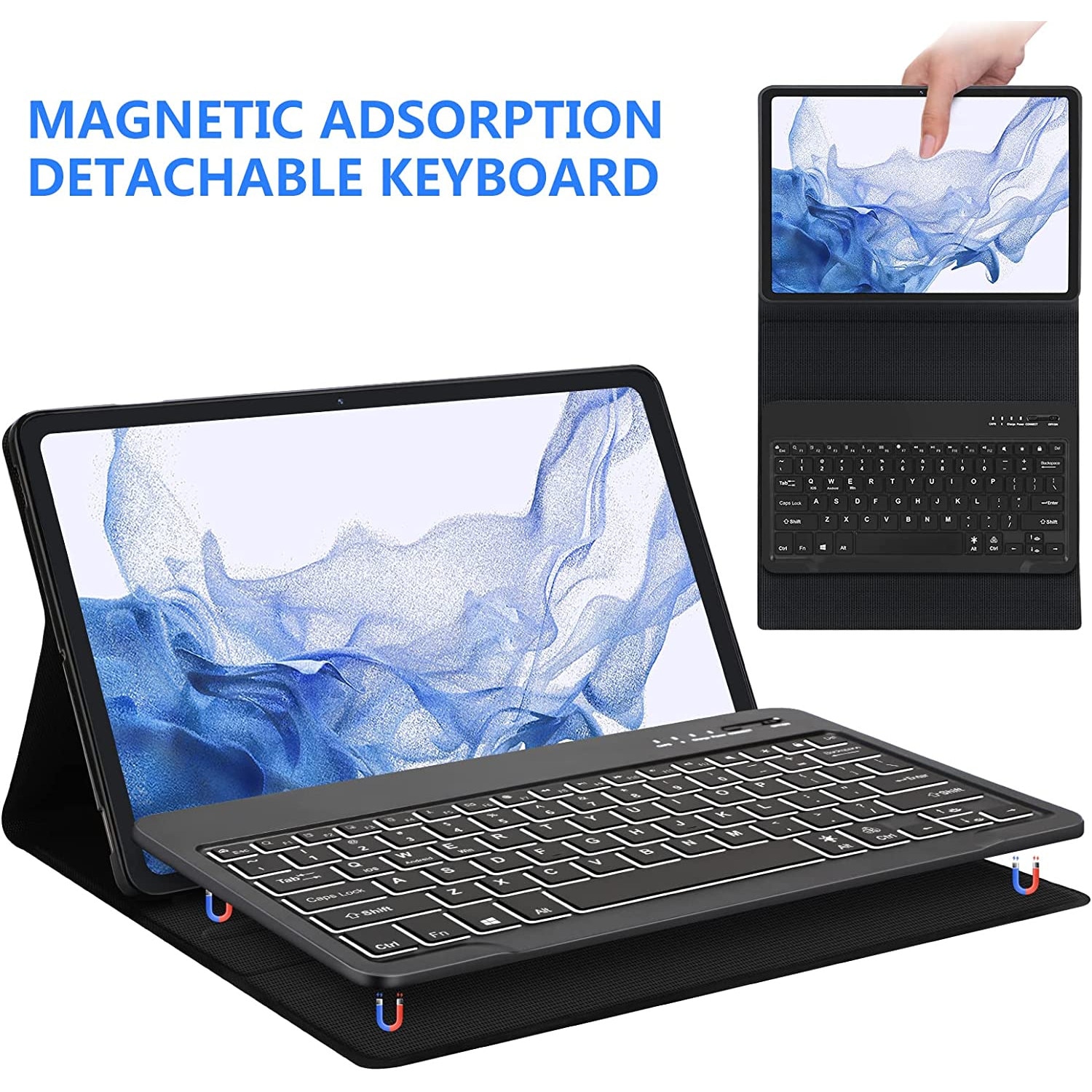 Husa pentru Samsung Galaxy Tab S10 FE 10.9 cu tastatura iluminata wireless detasabila RGB 7 lights Bluetooth USB Type-C functie stand si slot stylus + mouse wireless iluminat LED negru