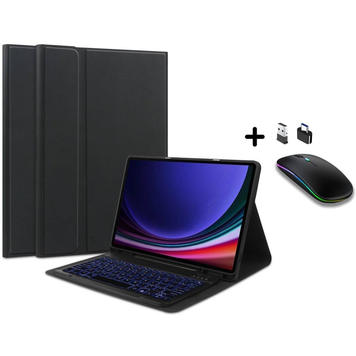 Калъф за Samsung Galaxy Tab S10 FE 10.9 със сваляща се безжична осветена клавиатура RGB 7 светлини Bluetooth USB Type-C функция стойка и слот за стилус + безжична мишка LED осветление черно