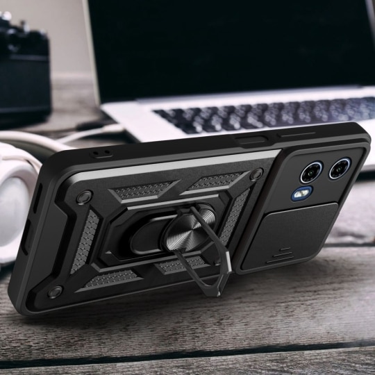 Husa pentru Motorola Moto G05 / Moto E15, Defender Slide, Protectie Camere, Suport Inel, Prindere Magnetica, Negru