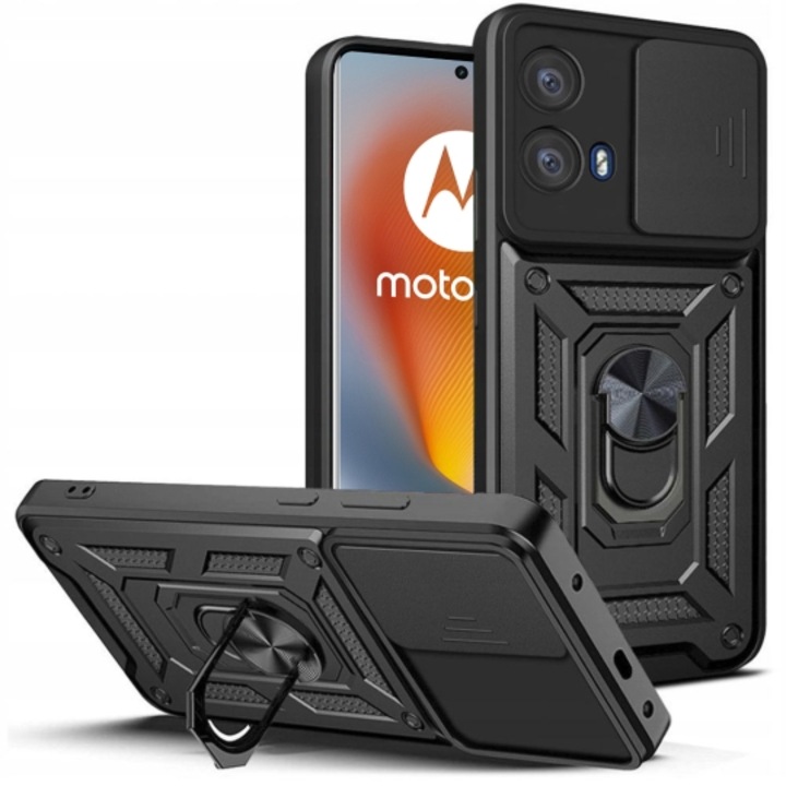 Husa pentru Motorola Moto G05 / Moto E15, Defender Slide, Protectie Camere, Suport Inel, Prindere Magnetica, Negru