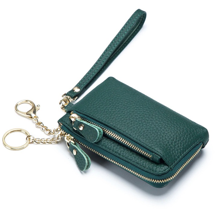 Portofel dama, piele naturala, 13x8cm, verde, Verde, 13 x 8 cm