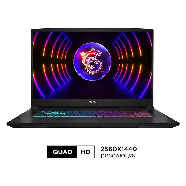 Лаптоп MSI Katana 17 B13VFK с Intel Core i5-13420H (2.1/4.6 GHz, 12M), 16 GB, 512GB M.2 NVMe SSD, NVIDIA RTX 4060 8GB GDDR6 DLSS 3, Free DOS, Черен