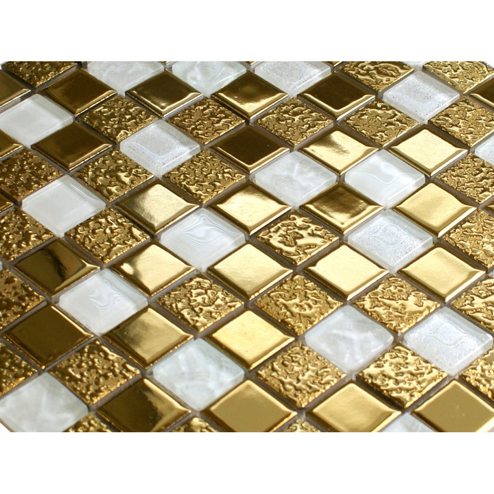 Mozaic din sticla auriu metalic, Englass, Gold Brillar, pentru perete bucatarie si baie, 30x30cm