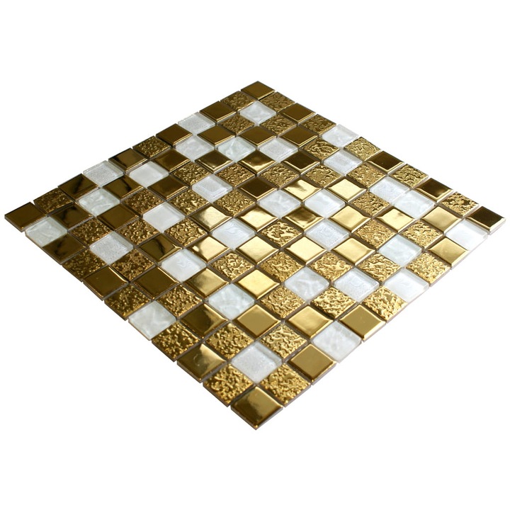 Mozaic din sticla auriu metalic, Englass, Gold Brillar, pentru perete bucatarie si baie, 30x30cm