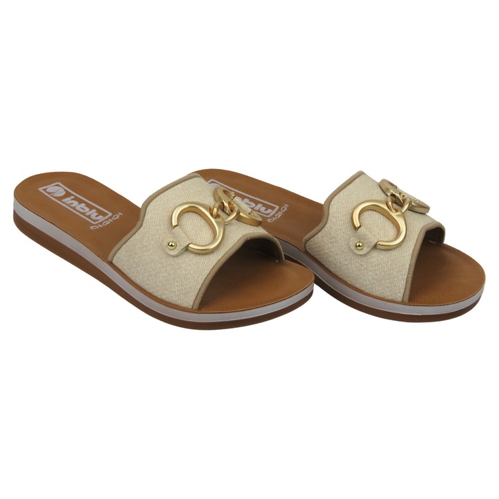 Дамски чехли INBLU, бежови, екокожа, златна декорация, ежедневен стил, 41 EU