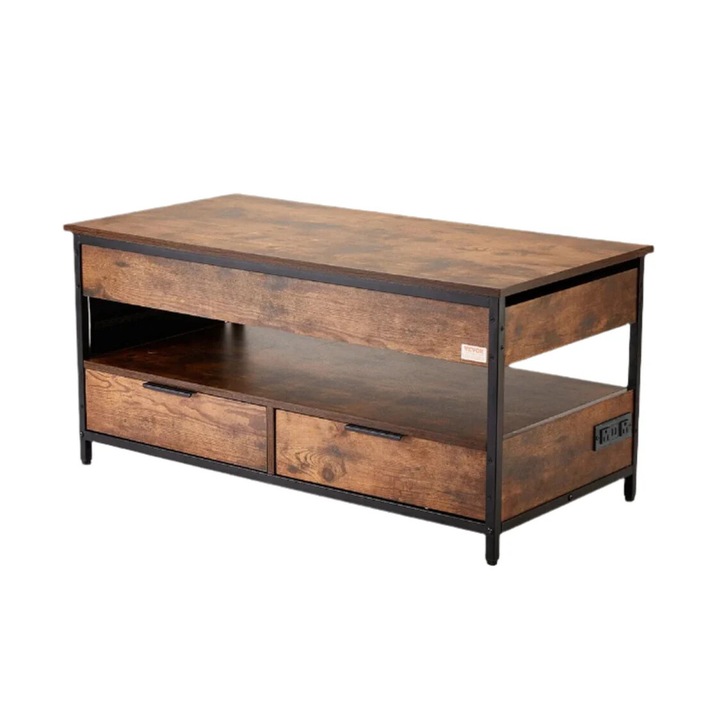 Маса за кафе с повдигнат капак, 89x89 см, пневматичен механизъм, отделение за съхранение, кафява