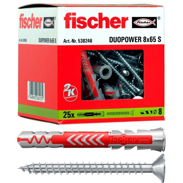 Set 24 suruburi de expansiune cu diblu, Fischer, PH, 8mm x 65mm, Argintiu/Rosu