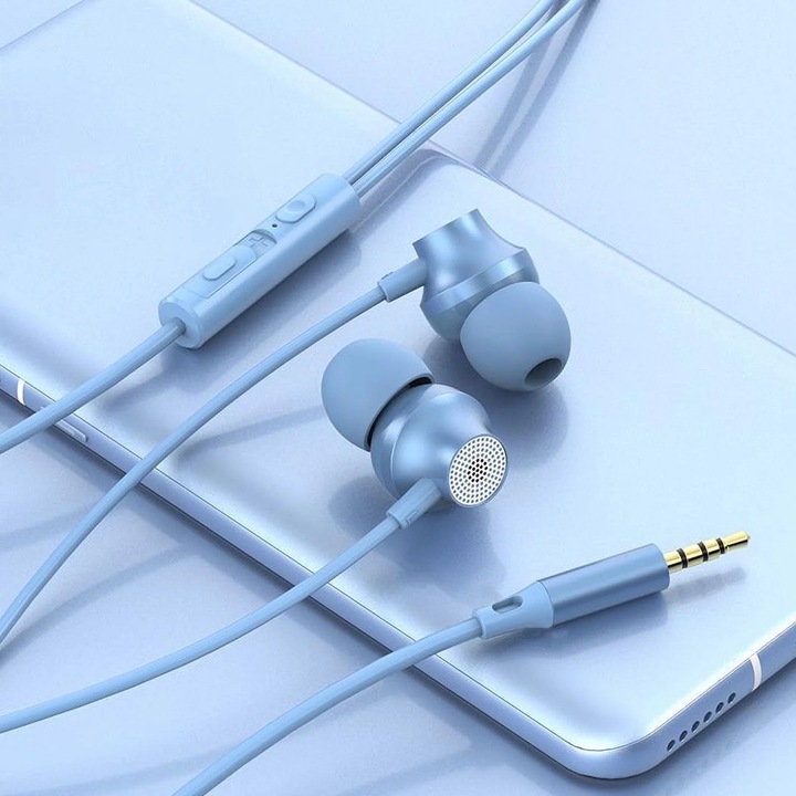 Casti cu fir in-ear YANYXR BSC2144807, difuzor 10 mm titanium-plated, bass puternic, microfon in-line, jack 3.5 mm, cablu 1.2 m, albastru deschis