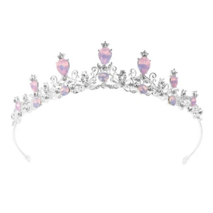 Tiara de mireasa din metal cu cristale, roz, 14.5x3.8cm, set