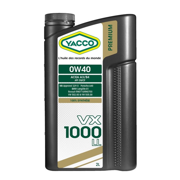 Ulei de motor YACCO VX 1000 LL 0W40, 100% sinteza, LONGLIFE - 2 L