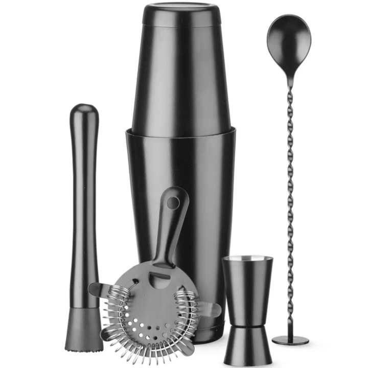 Бармански комплект BarUp, шейкър, джигер, цедка, мъдлер, черен, 120x320 мм