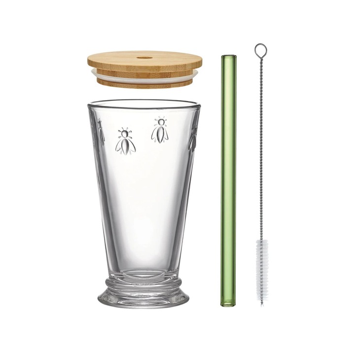 Pahar La Rochere Abeille, 420 ml, transparent, cu capac din bambus si pai din sticla
