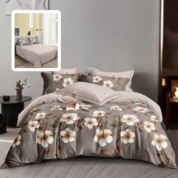 Двойно спално бельо Finet Gros Cotton 6 части NufJoy® чаршаф 220x240 см, чаршаф за завивка 200x220 см, 2 калъфки за възглавници 70x70 см, 2 калъфки за възглавници 50x70 см Кафява Амалия