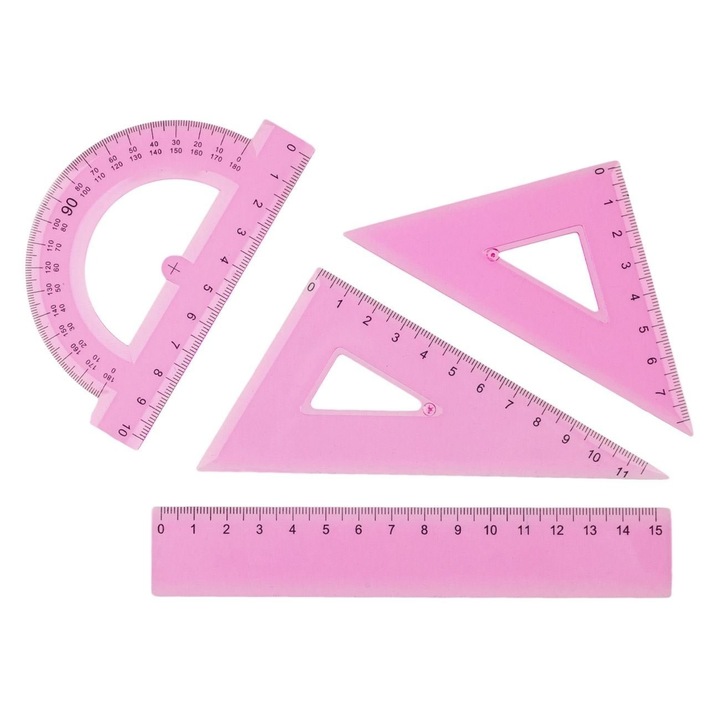 Set Rigle Geometrie 4 Buc, Shopiens, Roz Transparent, 15 cm, Triunghiuri 45° și 60°, Raportor 180°