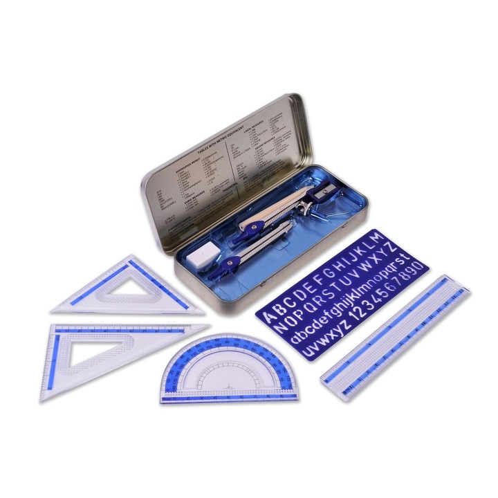 Set Instrumente Geometrice 10 Buc, Shopiens, Penar cu Compas, Rigla, Echer, Raportor, Creion, Radiera, Ascutitoare