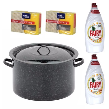 Pachet - Oala neagra emailata cu capac, 50L + 2 x Fairy Detergent vase, musetel, 900ml + 2 x Set Bureti de vase, 2buc/set Pachet - Oala neagra emailata cu capac, 50L + 2 x Fairy Detergent vase, musetel, 900ml + 2 x Set Bureti de vase, 2buc/set