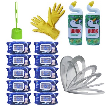 Pachet - Perie WC cu suport + Soft Close Capac WC + 2 x Dezinfectant WC Duck, 750ml + Manusi menaj + 10 x Servetele umede Dex Night Care Pachet - Perie WC cu suport + Soft Close Capac WC + 2 x Dezinfectant WC Duck, 750ml + Manusi menaj + 10 x Servetele umede Dex Night Care