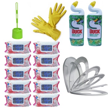 Pachet - Perie WC cu suport + Soft Close Capac WC + 2 x Dezinfectant WC Duck, 750ml + Manusi menaj + 10 x Servetele umede Dex sensitive Pachet - Perie WC cu suport + Soft Close Capac WC + 2 x Dezinfectant WC Duck, 750ml + Manusi menaj + 10 x Servetele umede Dex sensitive