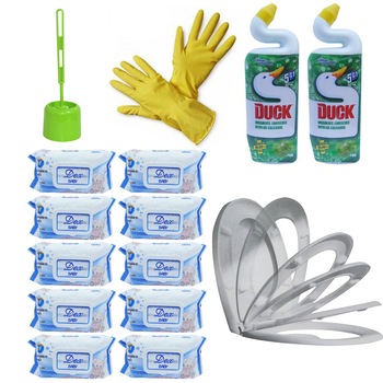 Pachet - Perie WC cu suport + Soft Close Capac WC + 2 x Dezinfectant WC Duck, 750ml + Manusi menaj + 10 x Servetele umede Dex Soft Care Pachet - Perie WC cu suport + Soft Close Capac WC + 2 x Dezinfectant WC Duck, 750ml + Manusi menaj + 10 x Servetele umede Dex Soft Care