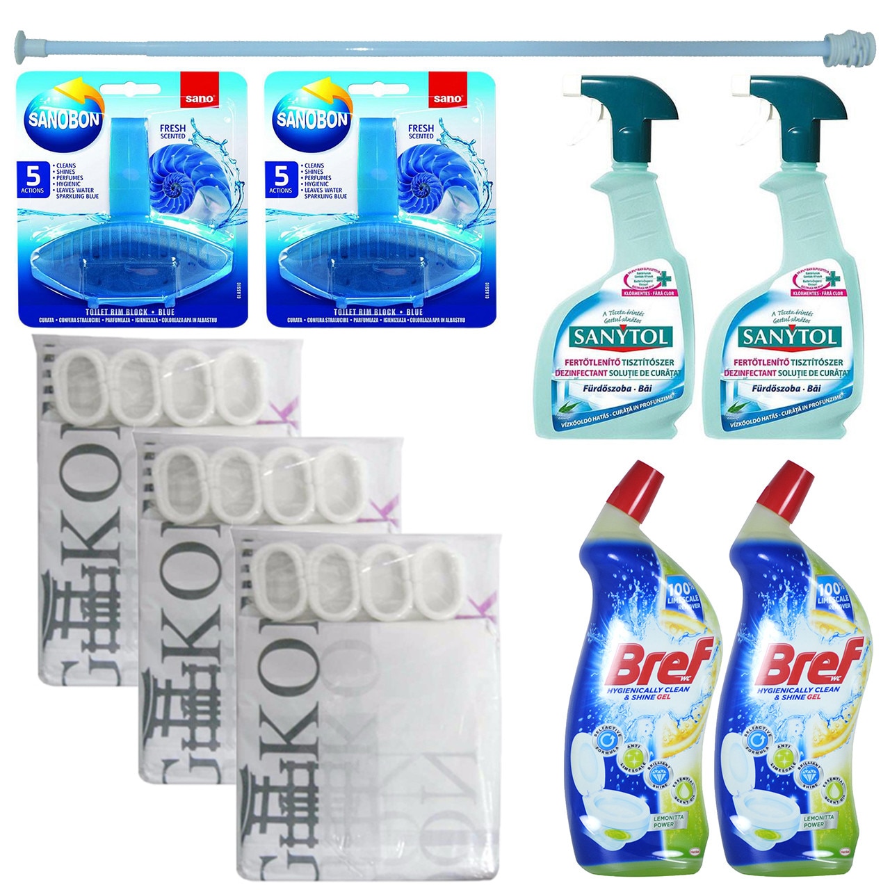 Pachet - 3 x Perdea din plastic pentru baie, 180 x 200cm + 2 x Dezinfectant Bref pentru vasul toaletei, lamaie, 700ml + 2 x Sanytol dezinfectant baie, 750ml + 2 x Odorizant WC, Sano Bon Fresh, 55g + Bara perdea dus, Bleu