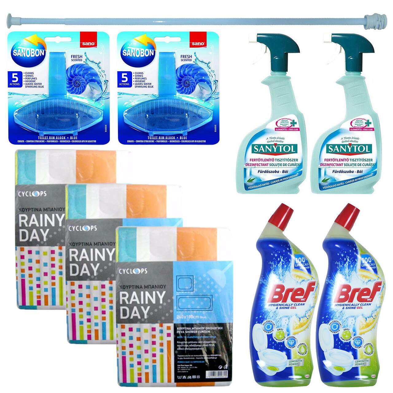 Pachet - 3 x Perdea din plastic pentru baie, 180x240cm + 2 x Dezinfectant Bref pentru vasul toaletei, lamaie, 700ml + 2 x Sanytol dezinfectant baie, 750ml + 2 x Odorizant WC, Sano Bon Fresh, 55g + Bara perdea dus, Bleu