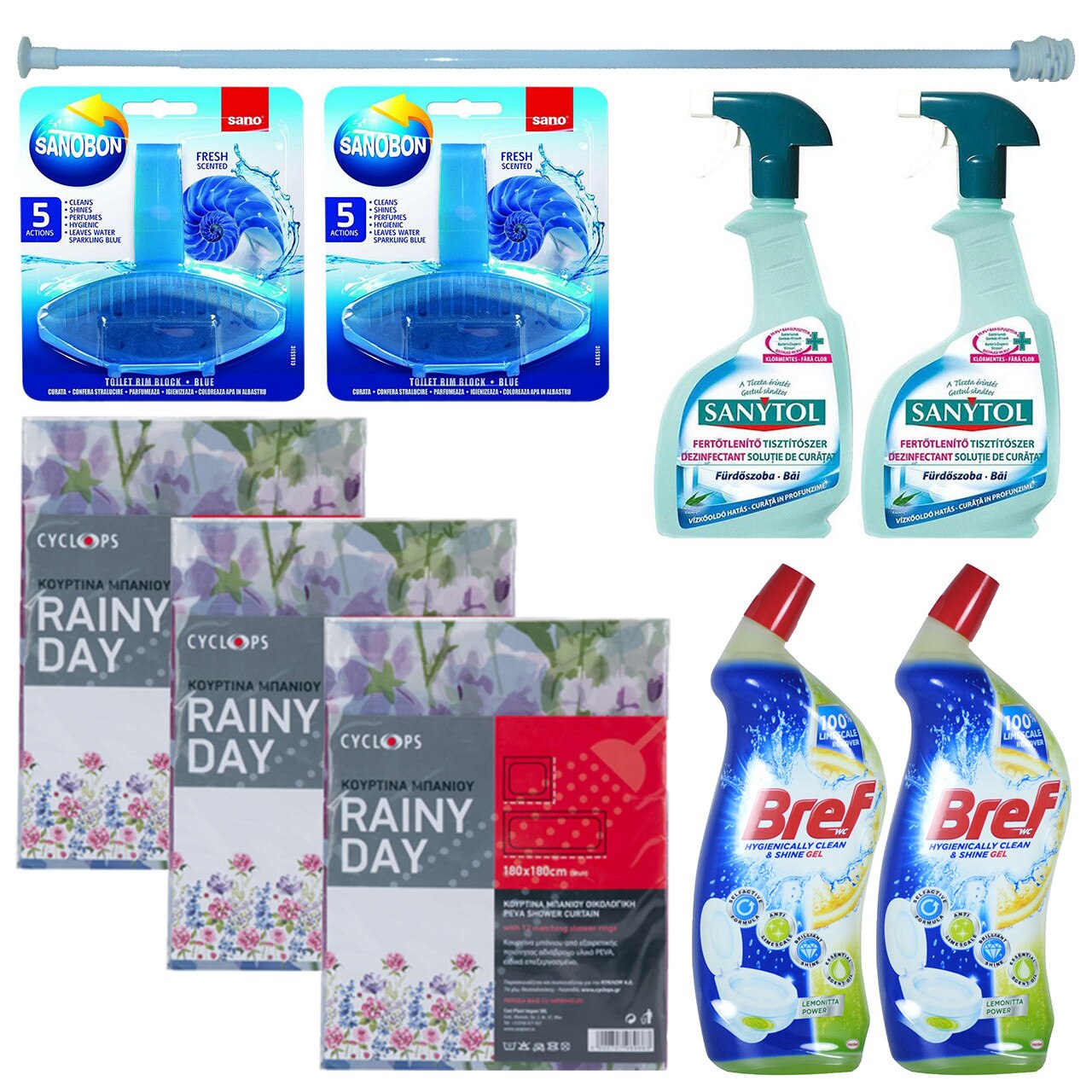 Pachet - 3 x Perdea perdea din plastic pentru baie, 180x180cm + 2 x Dezinfectant Bref pentru vasul toaletei, lamaie, 700ml + 2 x Sanytol dezinfectant baie, 750ml + 2 x Odorizant WC, Sano Bon Fresh, 55g + Bara perdea dus, bleu