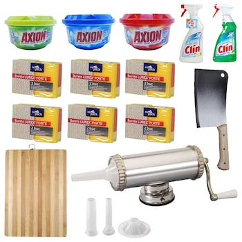 Pachet - Masina pentru carnati 2,5Kg, Carnatar orizontal cu ventuza + Satar + Tocator lemn, 38 x 28cm + 6 x Set bureti vase (2buc./set) + 2 x Clin curatat geamuri, 500ml (Mar Verde, Lamaie) + 3 x Axion, 225g (Mar verde, ultra prospetime, ultra degresant) Pachet - Masina pentru carnati 2,5Kg, Carnatar orizontal cu ventuza + Satar + Tocator lemn, 38 x 28cm + 6 x Set bureti vase (2buc./set) + 2 x Clin curatat geamuri, 500ml (Mar Verde, Lamaie) + 3 x Axion, 225g (Mar verde, ultra prospetime, ultra degresant)