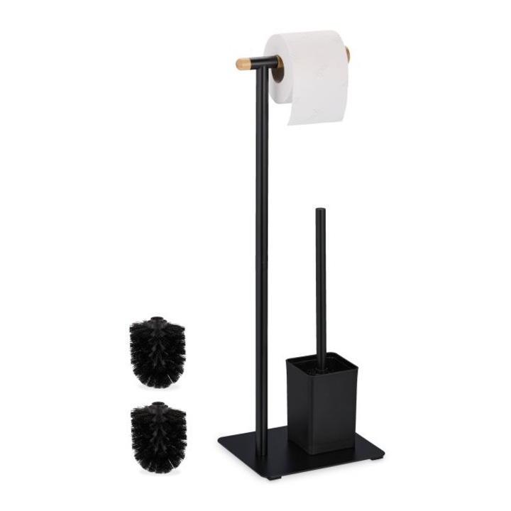 Поставка за тоалетна хартия и тоалетна четка Relaxdays 2в1, черен мат, от метал, с 2 резервни глави