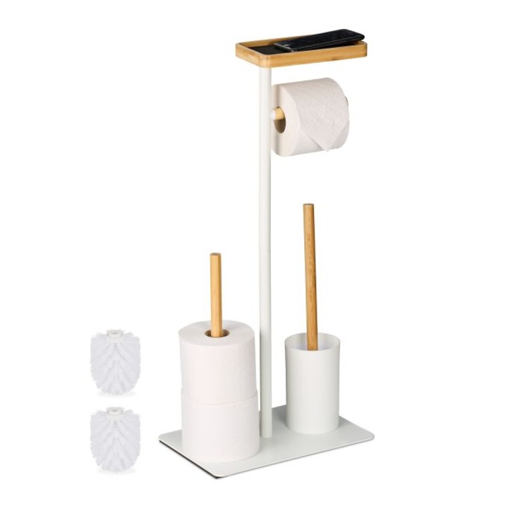 Relaxdays 4 в 1 поставка за тоалетна хартия и тоалетна четка, метал и бамбук, с 2 резервни глави, 10050745