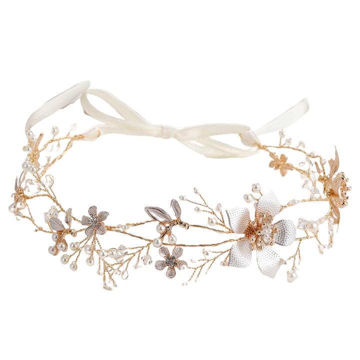 Coroana de mireasa cu strasuri, Enforose, design rafinat, petale aurii, perle artificiale, accesorii par