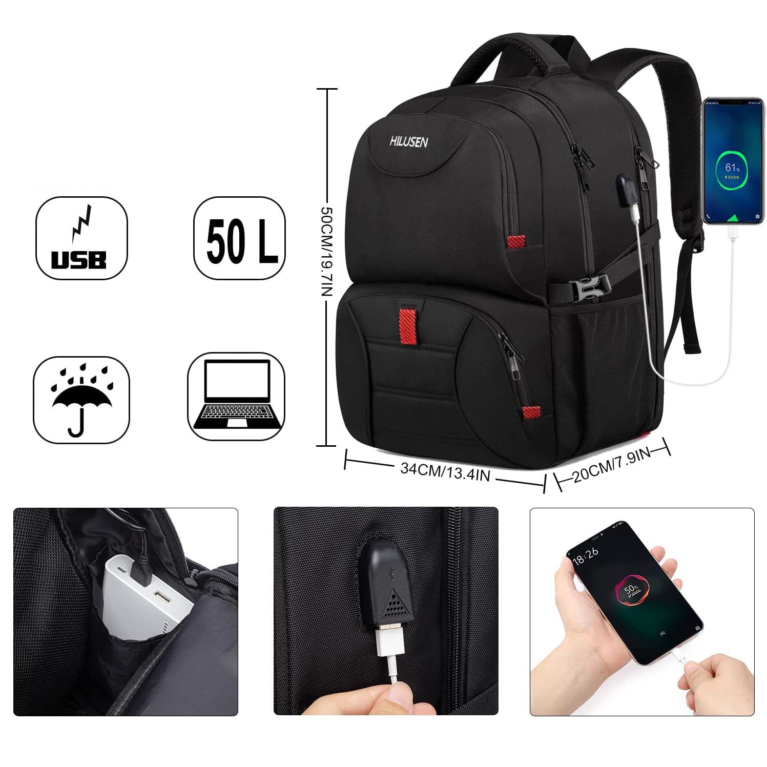 Rucsac laptop anti-furt Enforose, 36L, exterior rezistent la apa, culoare abanos, pentru barbati