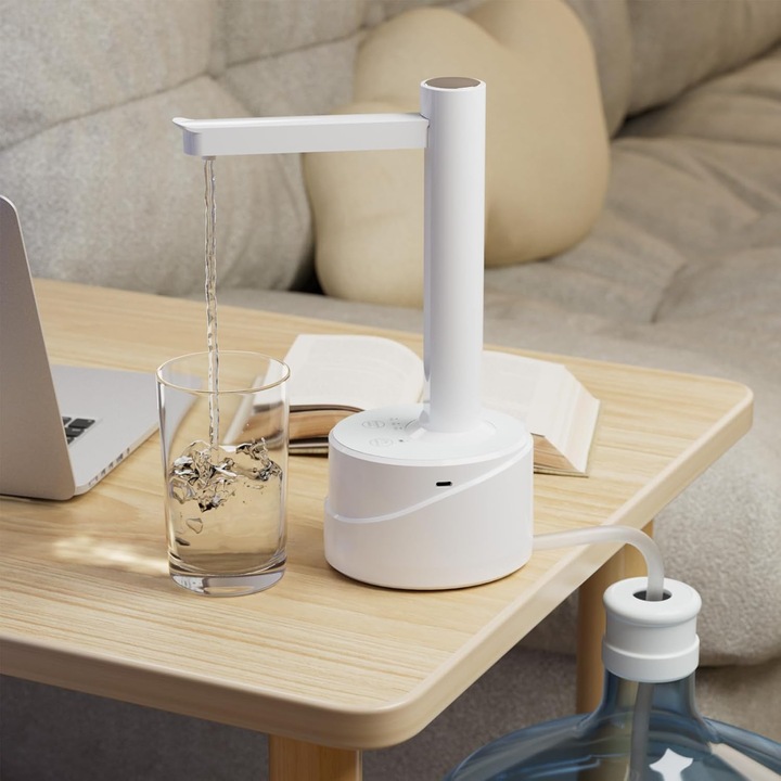 Електрически диспенсър за вода, Puepoul, сгъваема ръка, USB-C зареждане, 4 функции за регулиране на количеството вода, използване на масата или директно върху бутилката, съвместим с всеки тип бутилка, работи безжично, вградена 800 mAh батерия, ABS, бял