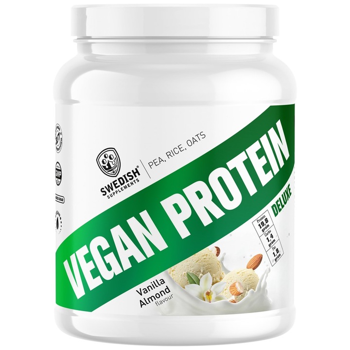 Supliment alimentar SUEDEZA Suplimente Vegan Protein Deluxe din mazare, orez si ovaz, vanilie cu migdale, 750 grame