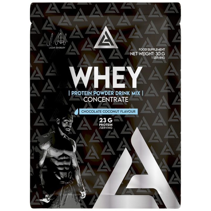 Supliment alimentar Lazar Angelov Nutrition LA Whey Protein Concentrate Premium Drink Mix, ciocolata cu nuca de cocos, 30 grame