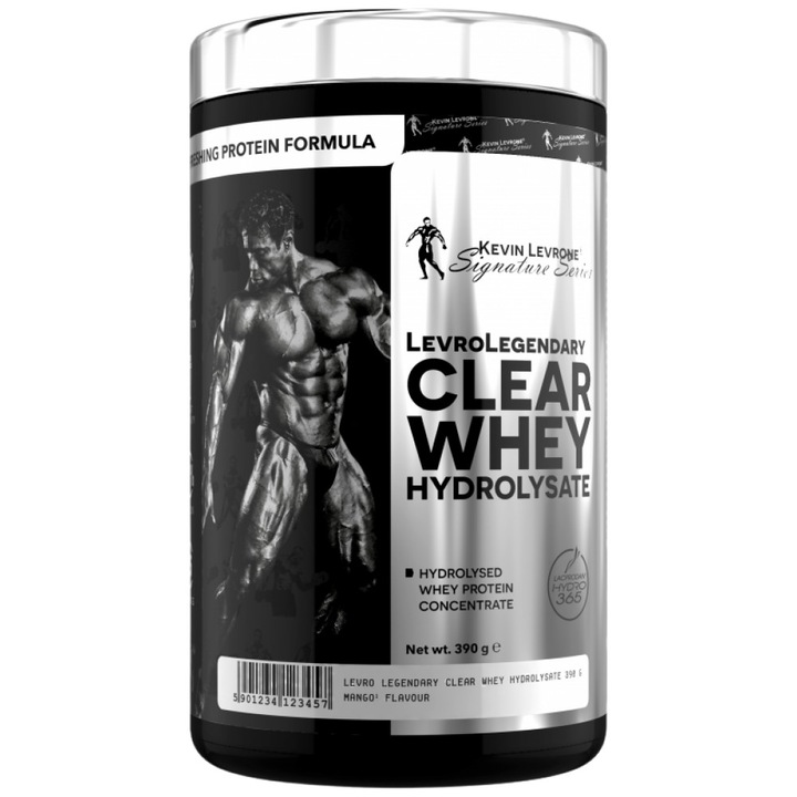 Supliment alimentar Kevin Levrone LevroLegendary Clear Whey Hydrolyzate cu proteina Lacprodan Hydro 365, ceai cu gheata de piersici, 390 grame