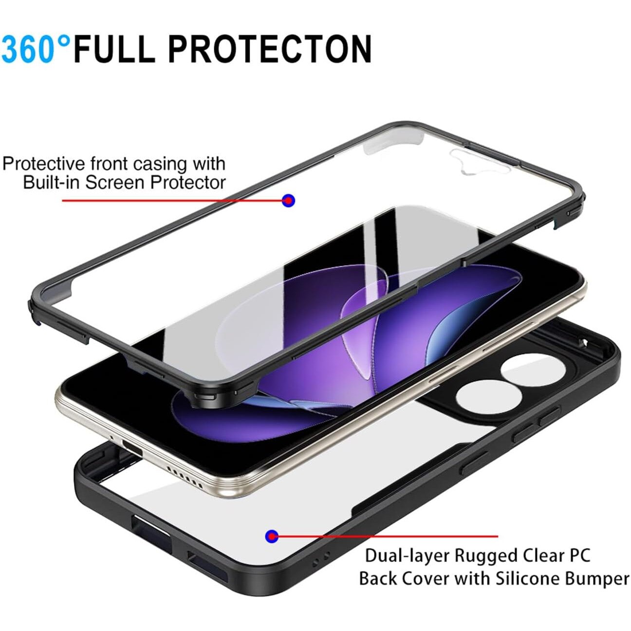 Set 360: Husa cu folie integrata pentru Oppo Reno 13F 13FS 4G 5G Protectie 360 fata / spate - Negru
