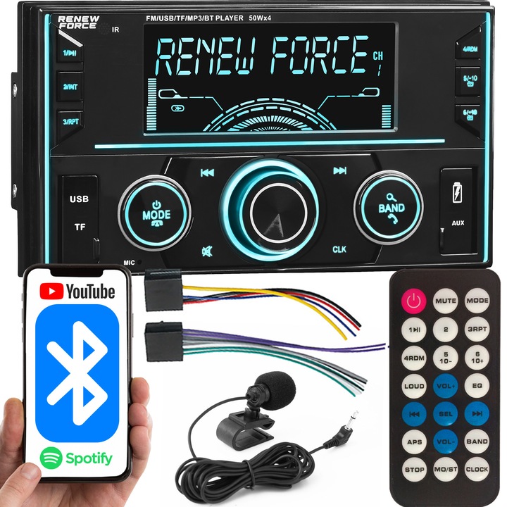Автомобилно радио 2 DIN Renew Force MP3, 4.5-инчов LCD екран, USB, Bluetooth, AUX, дистанционно управление, регулируемо RGB осветление, micro SD, микрофон, лесно за употреба, комплектът включва монтажни аксесоари DA003