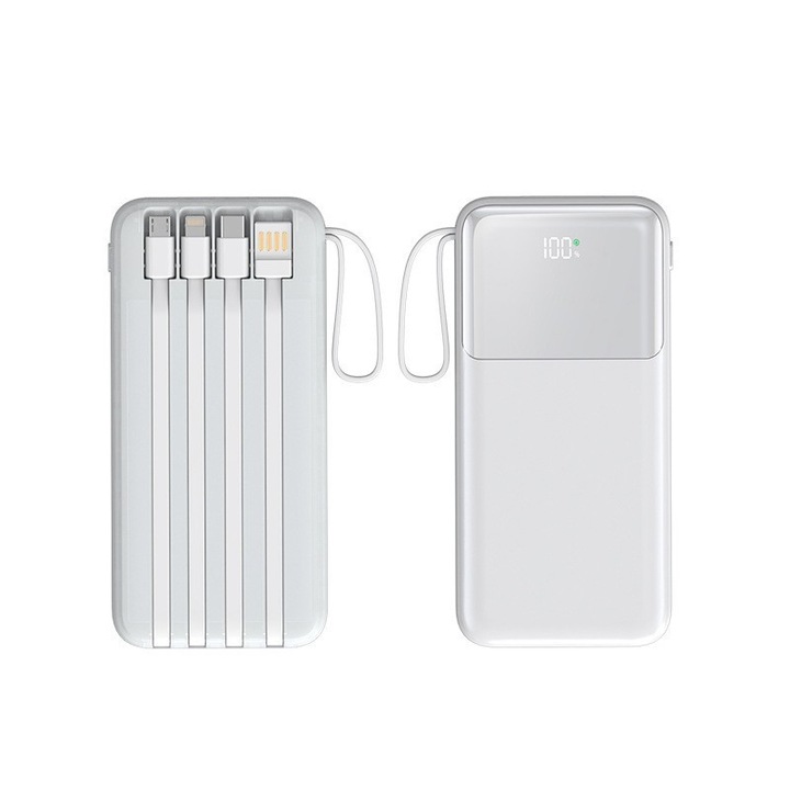 Външна батерия 10 000 mAh, супер бързо зареждане, високоскоростна PD 22,5 W технология, 4 вградени кабела (USB-C, Lightning), 2 порта, LED екран, двупосочно зареждане, съвместима с iOS/Android, преносима, бяла, PowerBank