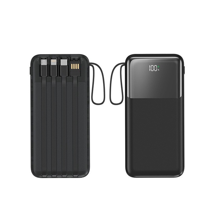 Външна батерия 10 000 mAh, Yaju, бързо зареждане, PD 22,5 W технология, 4 вградени кабела (USB-C, Lightning), 2 порта, LED екран, двупосочно зареждане, съвместима с iOS/Android, преносима, черна