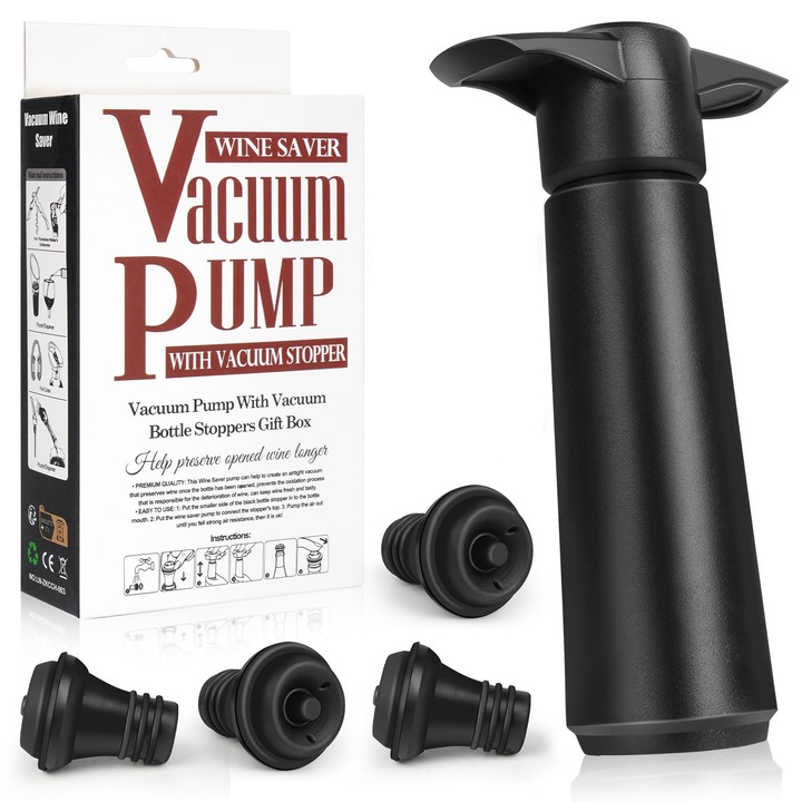Вакуумна помпа за вино Wine Saver за вино, пластмаса, черна и 4 запушалки за бутилки вино, ефективно отстранява въздуха, за да запази вкуса и свежестта, спира окисляването на виното